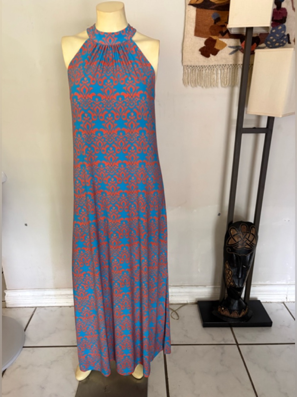 Bar III Print Maxi Dress in Blue and Coral Pattern Size Small